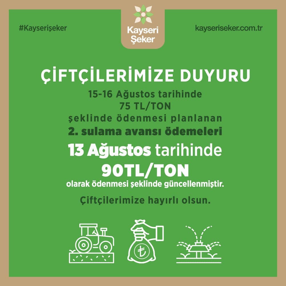 Kayseri Şeker Fabrikası’ndan Çiftçilere Önemli Duyuru: 2. Sulama Avansı Ödemeleri Tarih ve Miktar Güncellendi