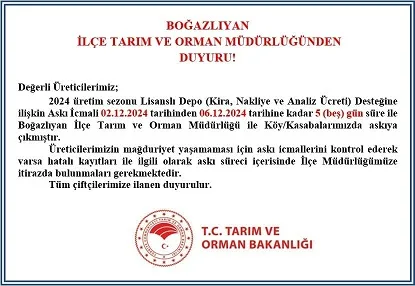 2024 Üretim Yılı Lisanslı Depo Destek Askı İcmalini Askıya Çıkardı