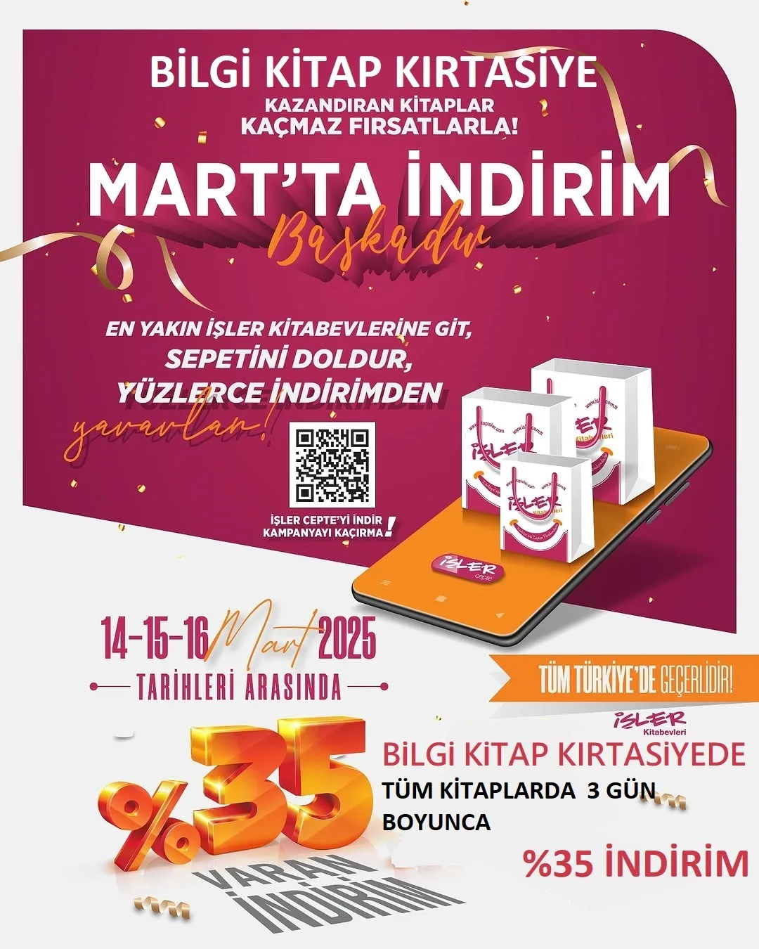 14-16 Mart tarihleri arasında Bilgi Kırtasiye, tüm kitaplarda %35 indirim