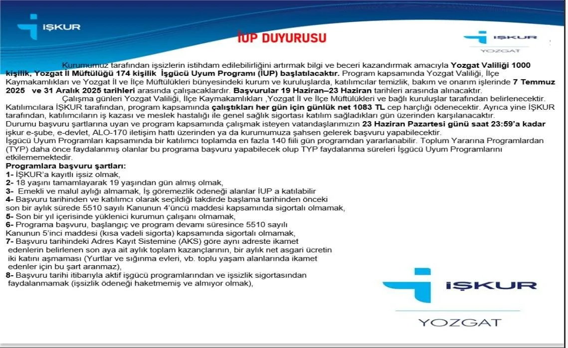 Yozgat’ta İş Gücü Uyum Programı kapsamında 1000 kişi istihdam edilecek.