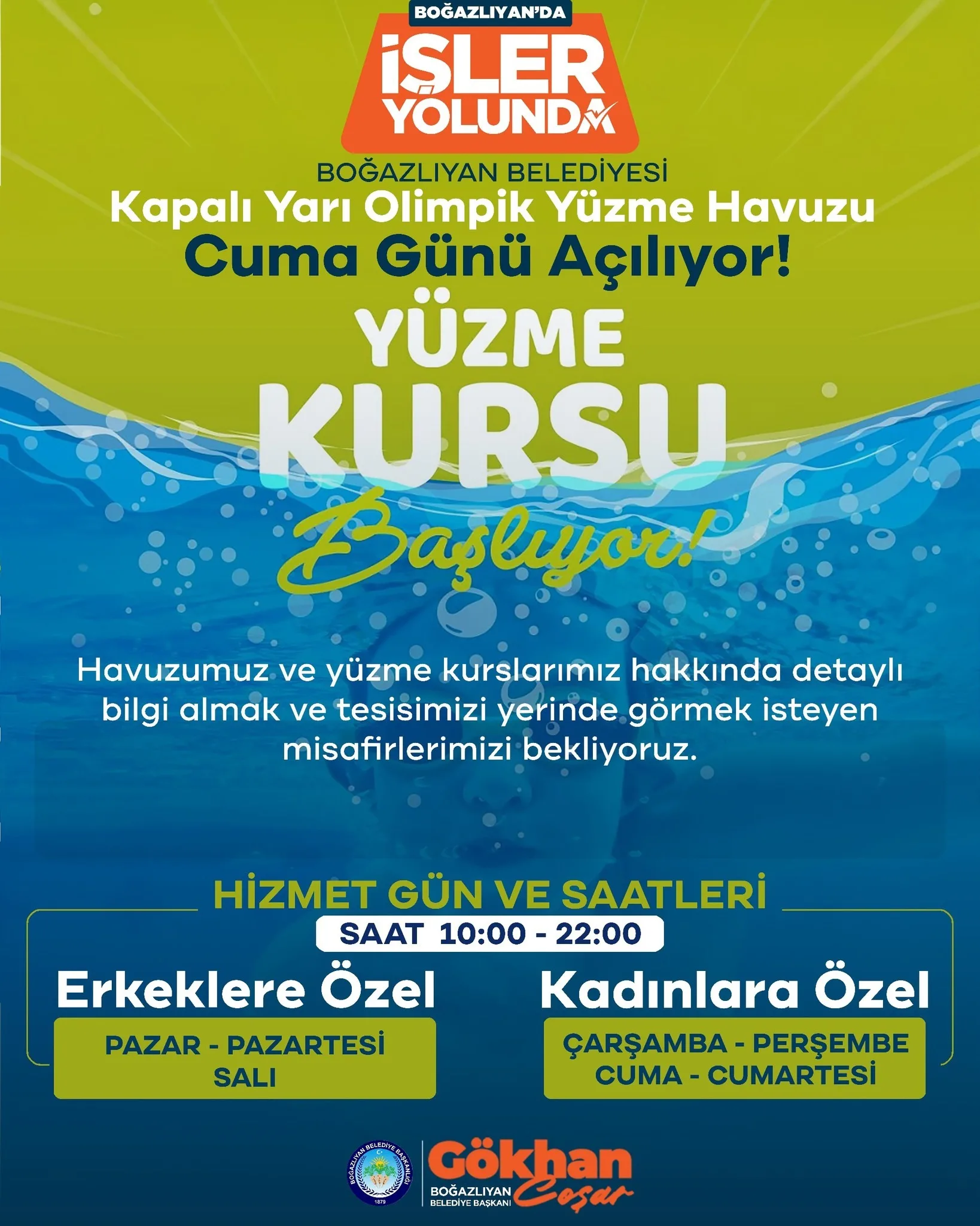 Boğazlıyan’da kapalı yarı olimpik yüzme havuzu cuma günü hizmete açılıyor.