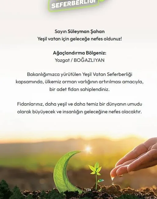 Cumhurbaşkanı Erdoğan’ın başlattığı Yeşil Vatan Seferberliği’ne Yozgat’tan güçlü destek geldi.