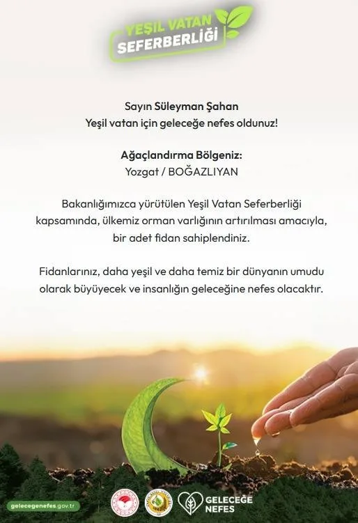 Cumhurbaşkanı Erdoğan’ın başlattığı Yeşil Vatan Seferberliği’ne Yozgat’tan güçlü destek geldi.