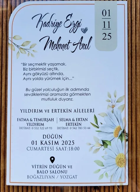 Kadriye Ezgi ile Mehmet Anıl Evleniyor Boğazlıyan esnaflarından Ertan Ertekin, oğlunun düğününe tüm dostlarını davet etti.