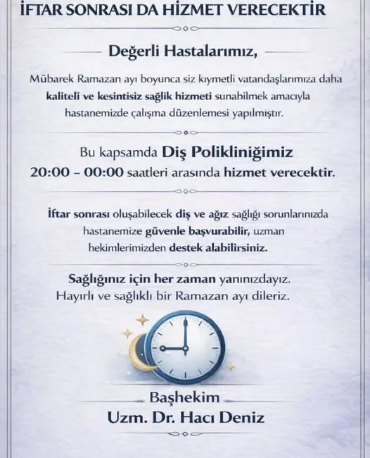 Boğazlıyan Devlet Hastanesi Başhekimi Hacı Deniz, Ramazan ayı boyunca Diş