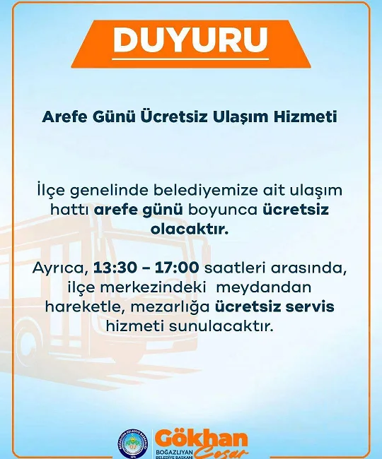 Boğazlıyan Belediyesi, arefe günü boyunca ilçe genelinde toplu taşıma hizmetlerini