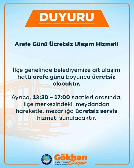 Boğazlıyan Belediyesi, arefe günü boyunca ilçe genelinde toplu taşıma hizmetlerini