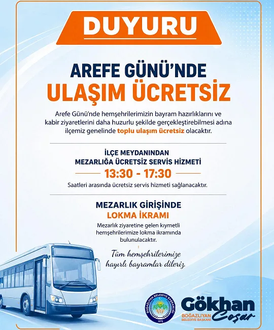 Boğazlıyan Belediyesi, mezarlık ziyaretleri için 13.30-17.30 saatleri arasında ücretsiz servis