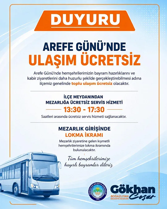 Boğazlıyan Belediyesi, mezarlık ziyaretleri için 13.30-17.30 saatleri arasında ücretsiz servis