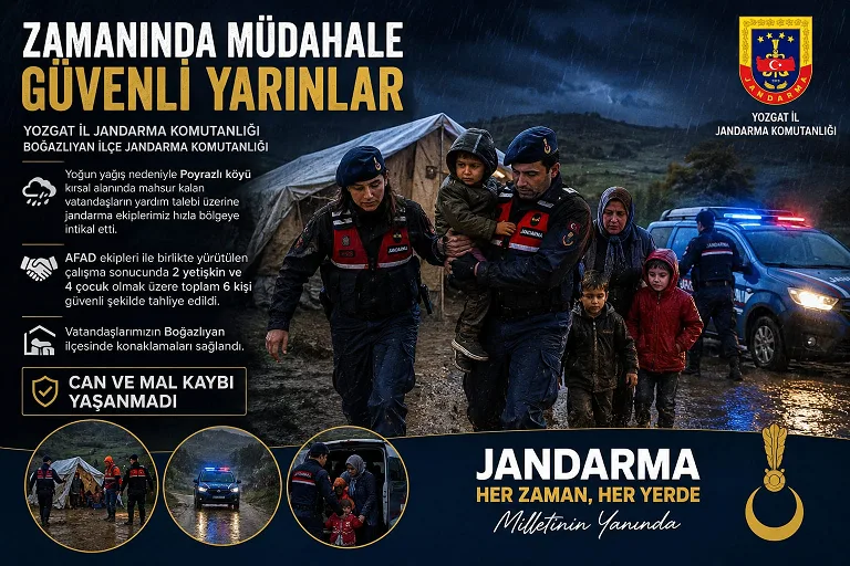 Boğazlıyan’a bağlı Poyrazlı köyü kırsalında yoğun yağış nedeniyle mahsur kalan