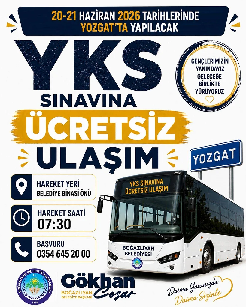 Boğazlıyan Belediyesi, hafta sonu Yozgat’ta yapılacak YKS’ye katılacak öğrenciler için
