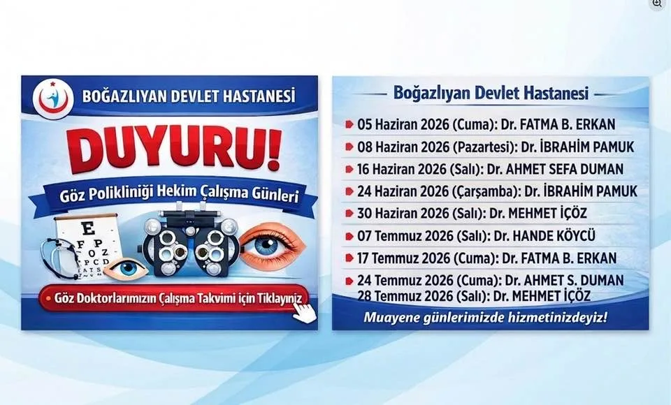 Boğazlıyan Devlet Hastanesi, Haziran ve Temmuz aylarında görev yapacak göz