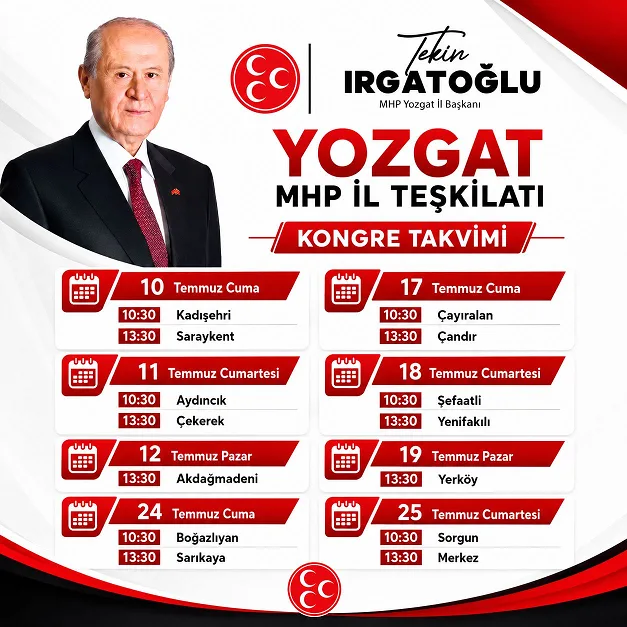 MHP Yozgat İl Başkanlığı tarafından açıklanan kongre takvimine göre ilçe