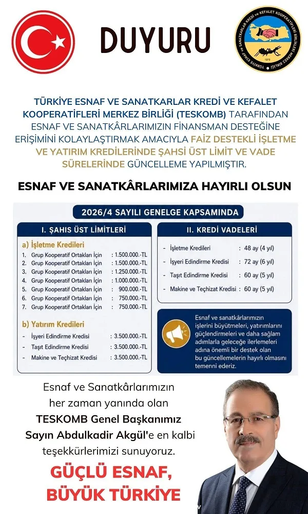 Esnaf ve Sanatkârlar Kredi ve Kefalet Kooperatifleri aracılığıyla kullandırılan Hazine