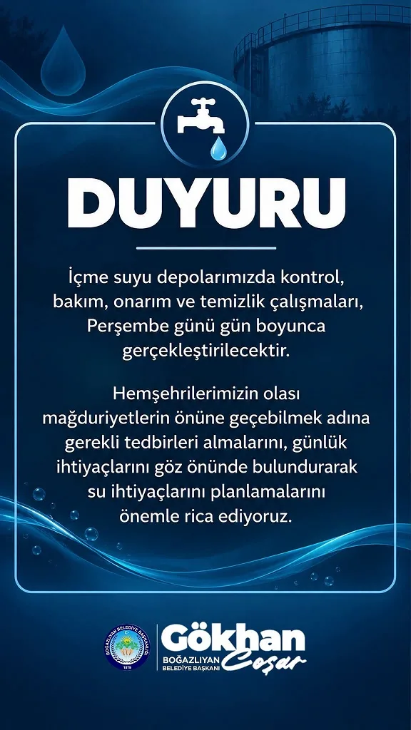 Boğazlıyan Belediyesi, içme suyu depolarında perşembe günü gün boyunca bakım,